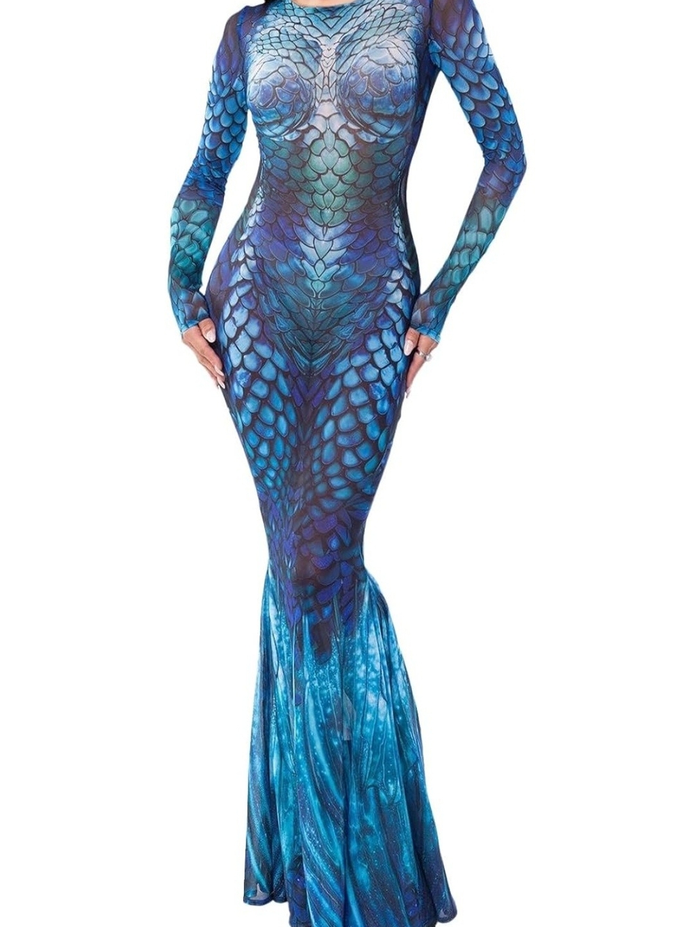 Blue Scale-Print Long Sleeve Mermaid Maxi Dress - Blue